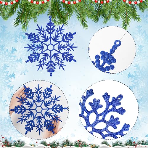 6pcs Large Navy Blue Snowflakes Ornaments 12" Big Plastic Glitter Snowflake for Winter Indoor Outdoor Christmas Tree Window Room Decorations Giant Craft Snowflakes (6 Count)