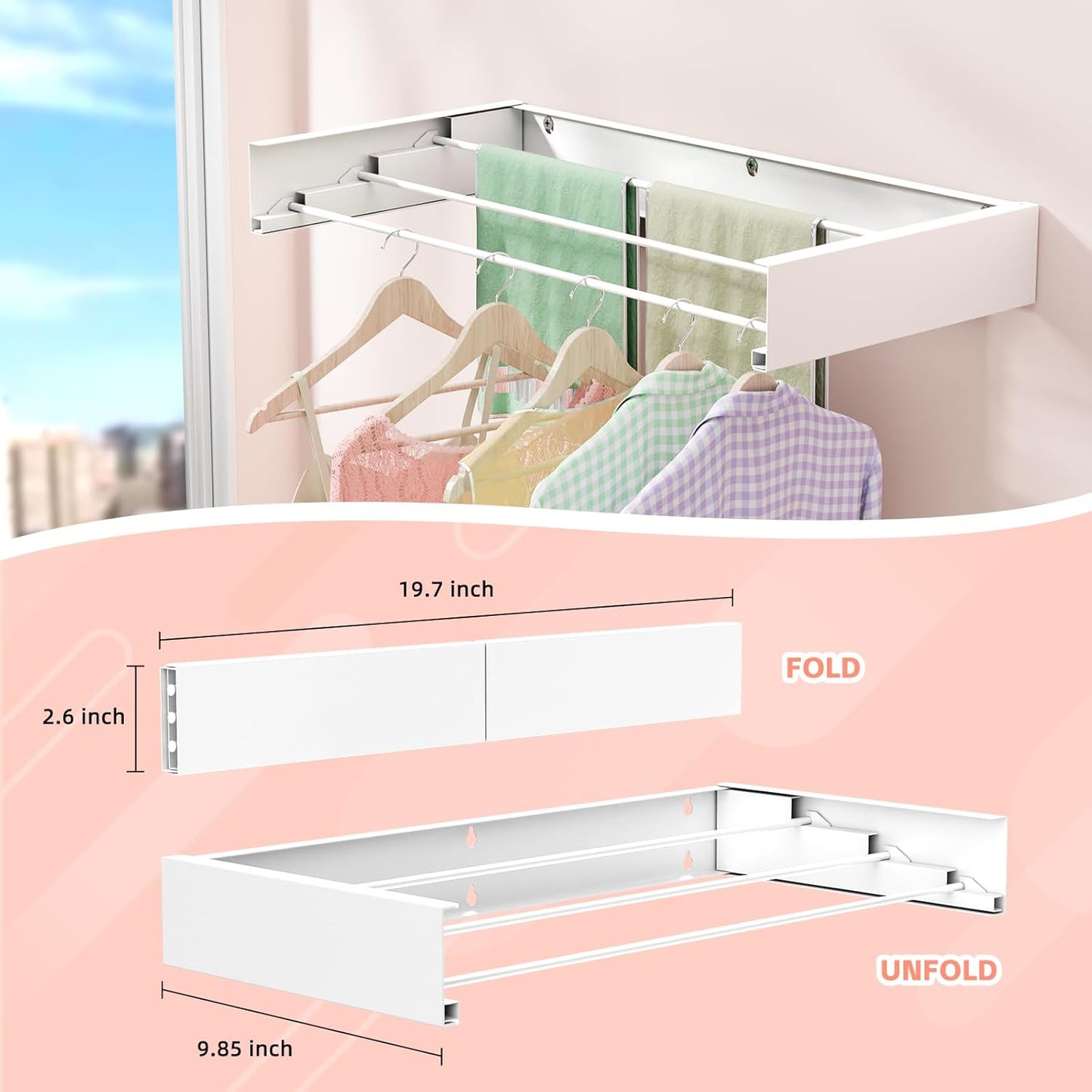 Wall Mounted Drying Rack for Laundry 19.8'', Folding Drying Rack Clothing Wall Mount with 3 Rods, Space Saving for Indoor Outdoor Bathroom Balcony (White, 19.8'') - NestledHome