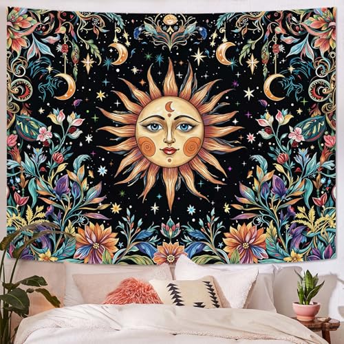 Sun and Moon Tapestry Hippie Boho Floral Wall Tapestry for Bedroom Aesthetic Colorful Flowers Vintage Celestial Botanical Plant Large Tapestries Wall Hanging for Living Room Dorm 80 x 60 Inch