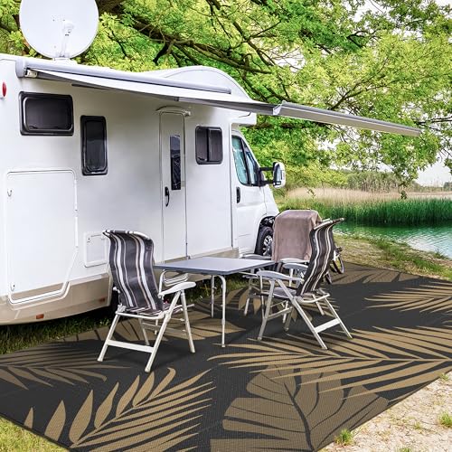 Outdoor Rug Waterproof Plastic Rugs 10'x14' for Camping Black Brown