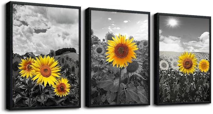 Black Framed Sunflower Flowers Wall Art - Large Size Set of 3 Piece Framed Art Prints for Living Room, Bedroom, Kitchen, Home Decor