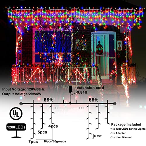 132ft Christmas Lights Outdoor 1280LED Icicle Lights for Outside Multicolor