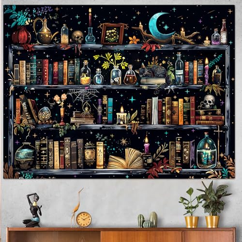 Magic Bookshelf Tapestry Magical Witchy Potion Dark Hippie Haloween Tapestries Wall Hanging Gothic Skull Black Cat Library Book Tapestry for Bedroom Living Room Dorm 80 x 60 inch