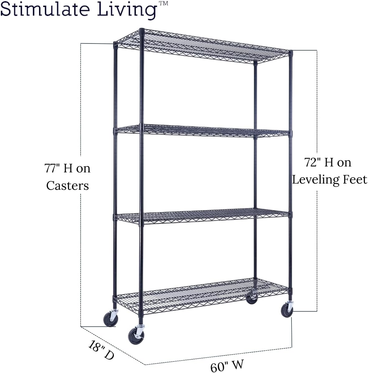 60"x18"x72" Prime Heavy Duty Black 4-Tier Wire Shelving NSF 3200 LBS MAX Capacity Storage Rack for Commercial, Hospital, School, Garage, and Kitchen Uses (with Wheels) - NestledHome