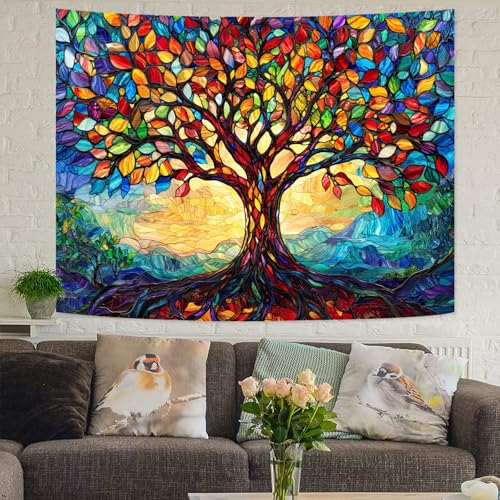 Tree of Life Tapestry Stained Glass Tapestry Wall Decor Tapestries for Bedroom Art Tapestries Wall Hanging for Bedroom Living Room Glass