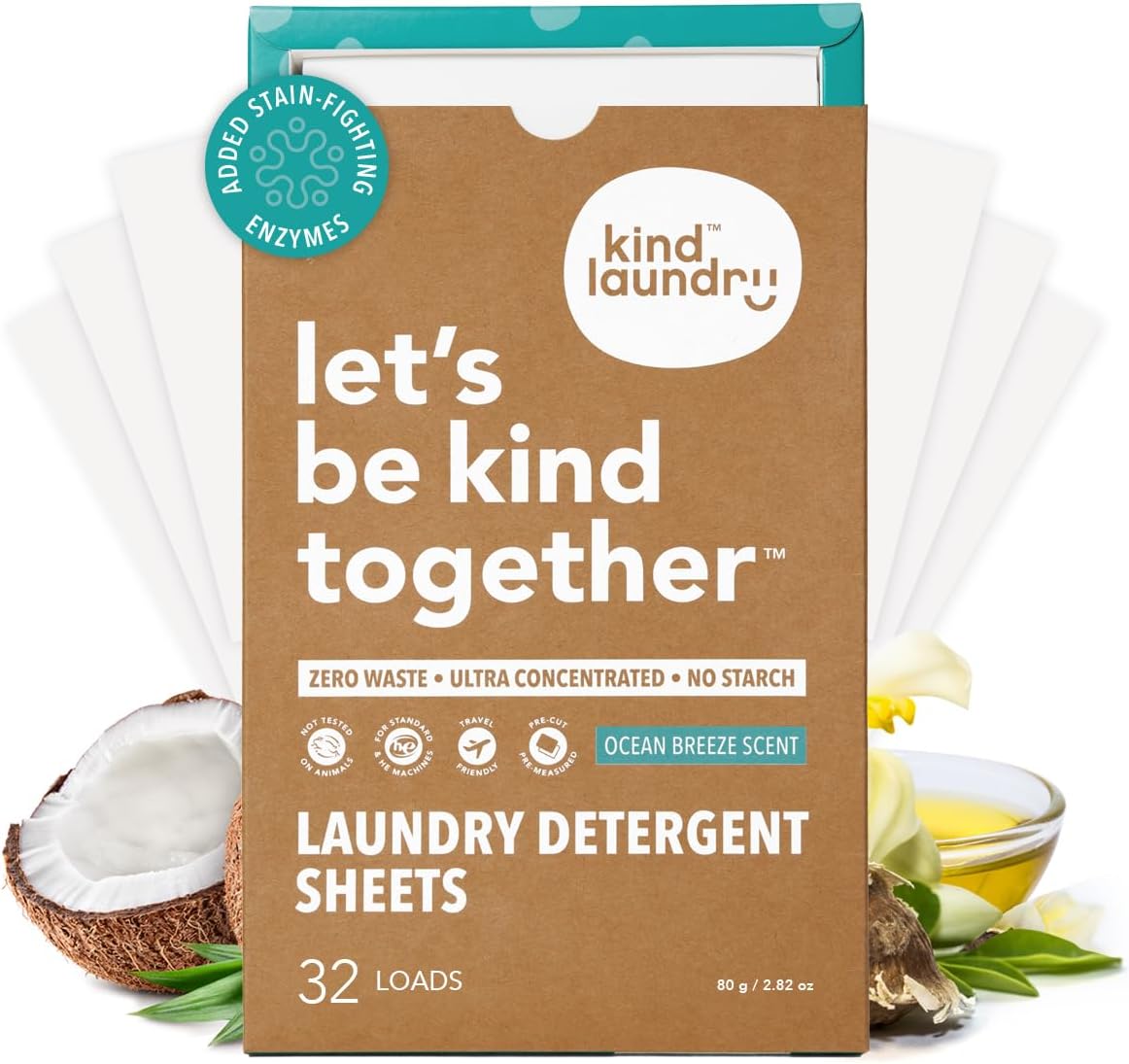 Kind Laundry Detergent Sheets with Stain-Fighting Enzymes - Plant Powered Eco-Friendly Laundry Soap Sheets - Home or Travel Laundry Detergent - Ocean Breeze, 32 Loads (Mom's Choice Award Winner) - NestledHome