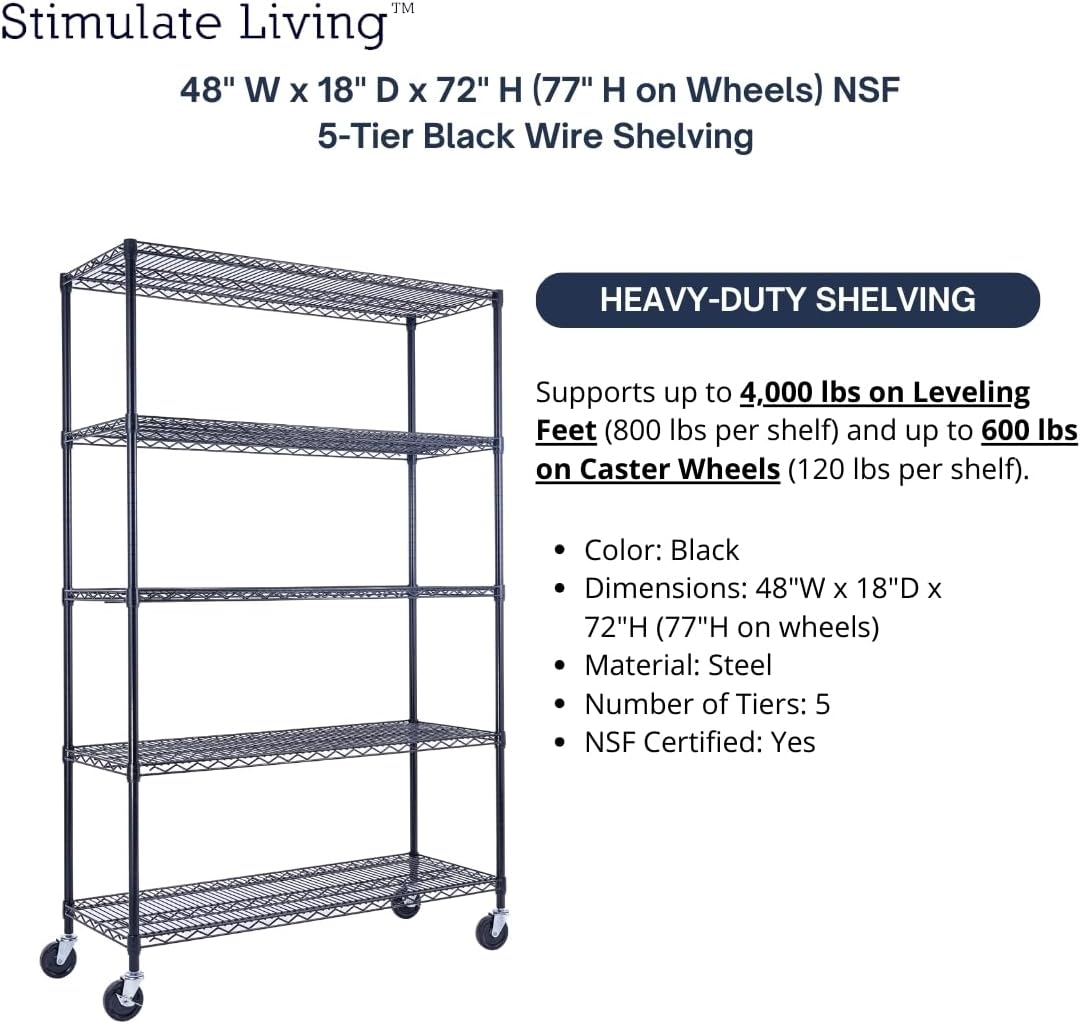 48"x18"x72" PRIME HEAVY DUTY Black 5-Tier Wire Shelving NSF 4000 LBS MAX Capacity Storage Rack for Commercial, School, Home, Garage, Warehouse, Industrial, and Hospital Uses (with Wheels) - NestledHome