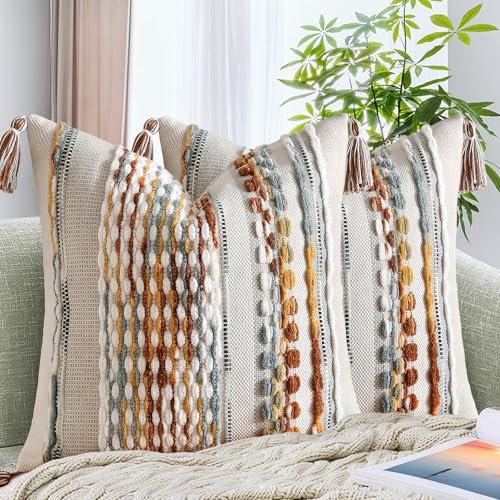 Set of 2 Chenille Striped Textured Boho Throw Pillow Covers Aesthetic with Tassels Woven Decorative Pillow Case for Couch Bed Sofa Bedroom Modern Funky 18 x 18 (2 Count)