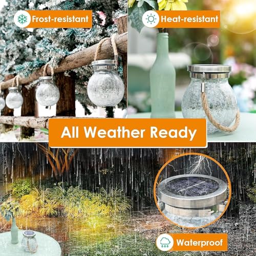 6 Pack Gifts for Him Her Solar Lanterns Outdoor Waterproof Heavy Crackle Glass 30 LED Warm Firefly Lights Solar for Women Mom Grandma Outdoor Table Lamps Garden Yard Decor (6 Count)