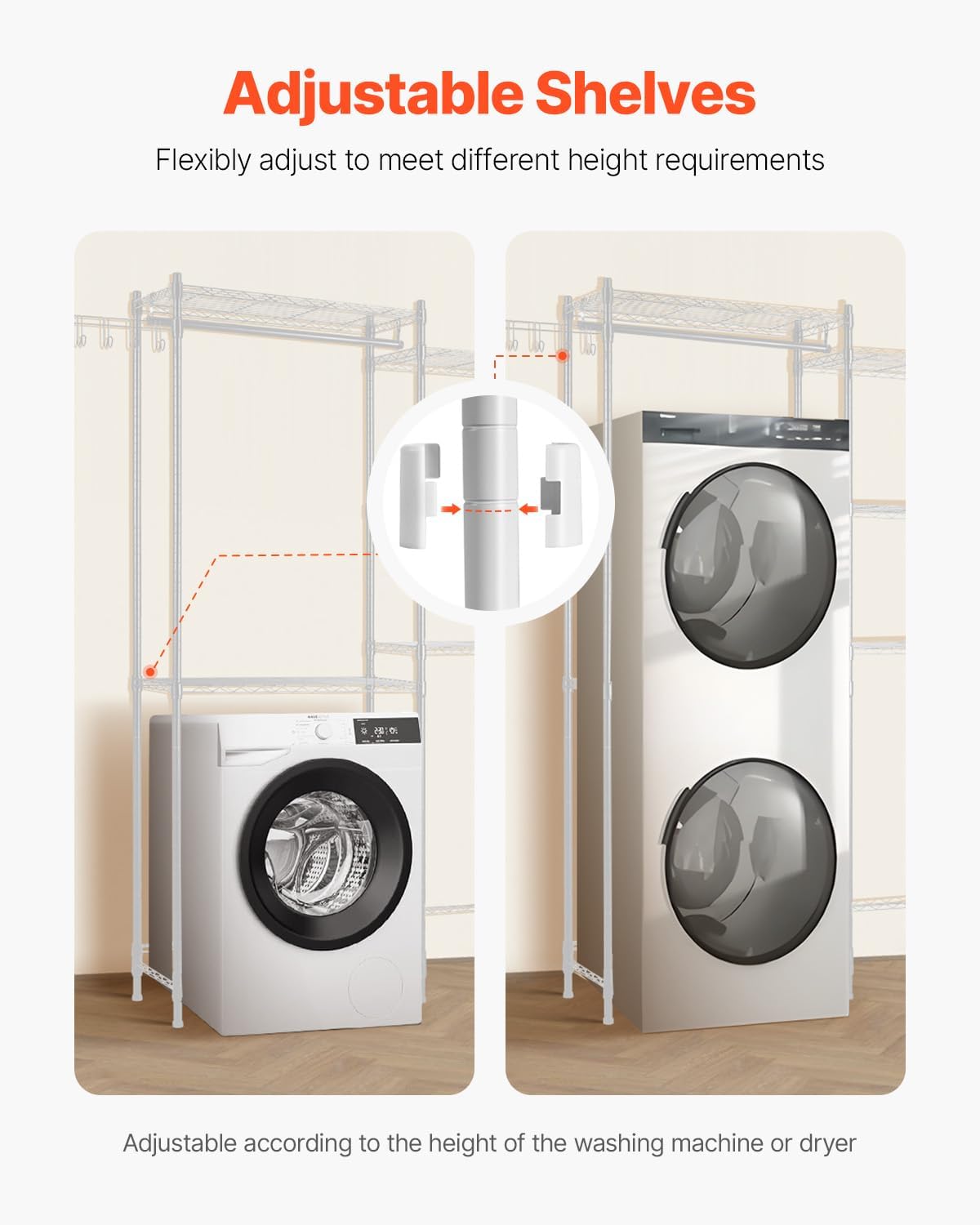 VEVOR Over The Washer and Dryer Storage Shelf, 5 Tier Laundry Room Drying Rack with Hanger Rod and Hooks, Adjustable Over Washer and Dryer Shelves, Laundry Room Shelf Storage Space Saver, White - NestledHome