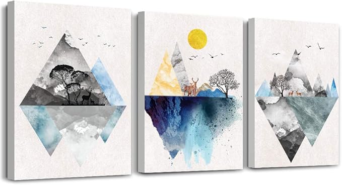 Wall Art for living room Canvas Prints Artwork bathroom Wall Decor Abstract Mountain geometric Picture Watercolor painting 3 Pieces Framed bedroom wall decorations Fashion Office Home decoration