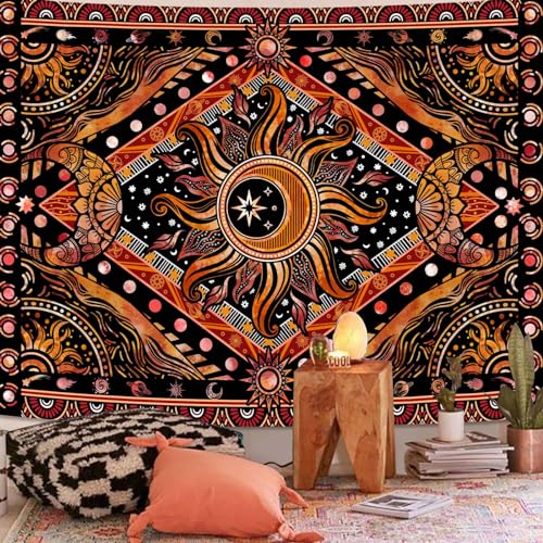 Hippie Sun and Moon Tapestry Bohemian Celestial Tapestries Aesthetic Tapestry for Bedroom and Living Room Decor Sun and Moon 36×48 Inches
