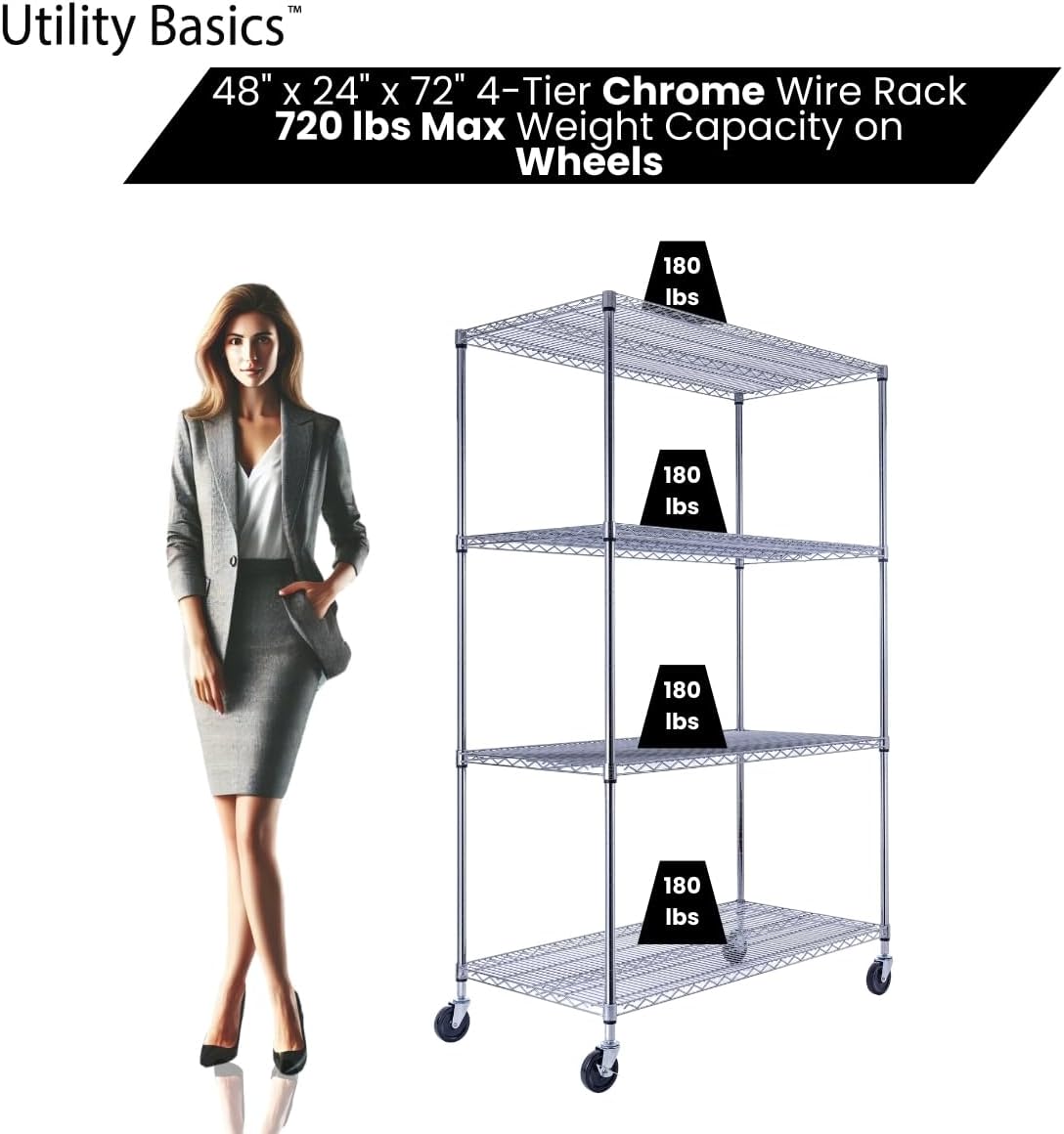 48"x24"x72" Chrome Premium Metal Steel Wire Shelving 4-Tier NSF 3200 LBS MAX Capacity Heavy Duty Storage Rack for Garages, Commercial Spaces, Hospitals, & Schools w/Premium Wheels - NestledHome