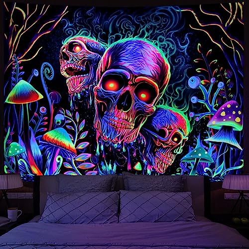 Blacklight Skull Tapestry Trippy Skeleton Wall Tapestries UV Reactive Neon Plants Trees Tapestries Aesthetic Galaxy Space Tapestry Wall Hanging for Bedroom Decor