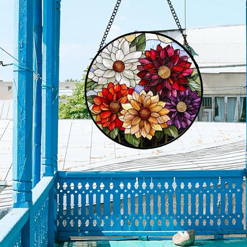 Stained Glass Window Hanging Color Dahlia Suncatcher Gifts for Women 9.8"