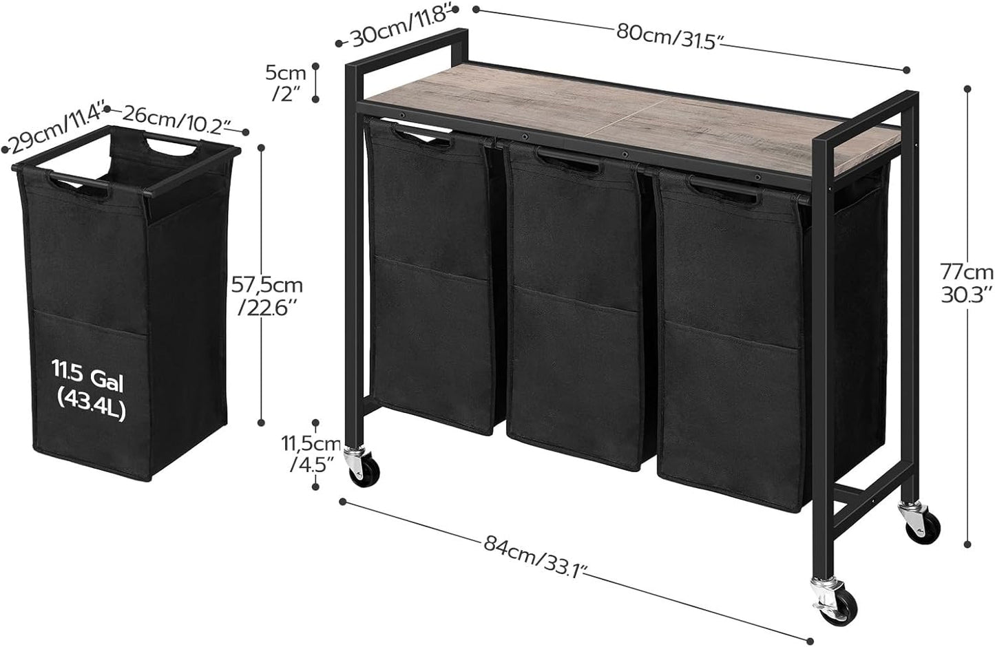 HOOBRO Laundry Sorter 3 Section, Laundry Hamper with Wheels, 3 × 11.5 Gal (43.4L), Rolling Laundry Basket, Pull-Out and Removable Oxford Fabric Bags, Greige and Black BG76XY01 - NestledHome