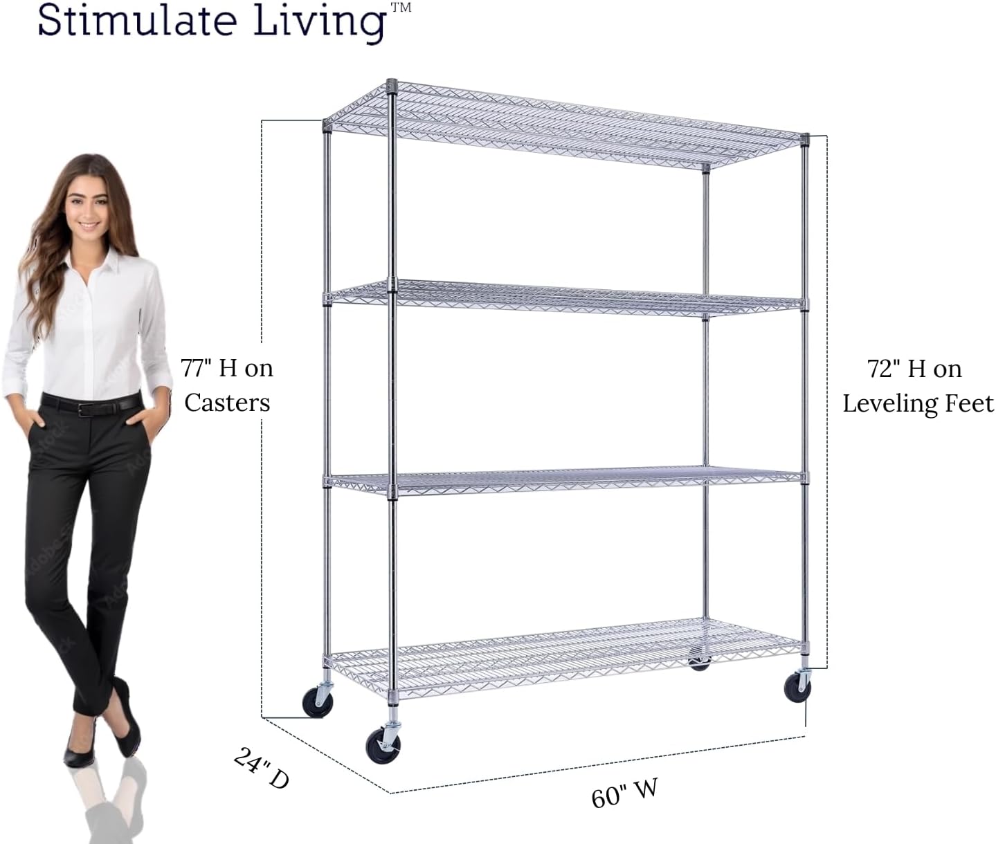 60"x24"x72" PRIME HEAVY DUTY Chrome 4-Tier Wire Shelving NSF 2400 LBS MAX Capacity Storage Rack for Commercial, School, Home, Garage, Warehouse, Industrial, and Hospital Uses (with Wheels) - NestledHome