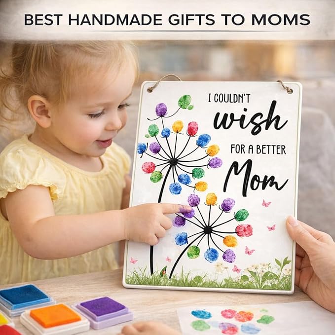 Dandelion DIY Fingerprint Art Hanging Sign, Mothers Day Fingerprints Craft, Baby's First Finger Print Mother's Day Mom Gifts, Project Memory Keepsake Kids Activity PreK Preschool (Wish Mom) -26