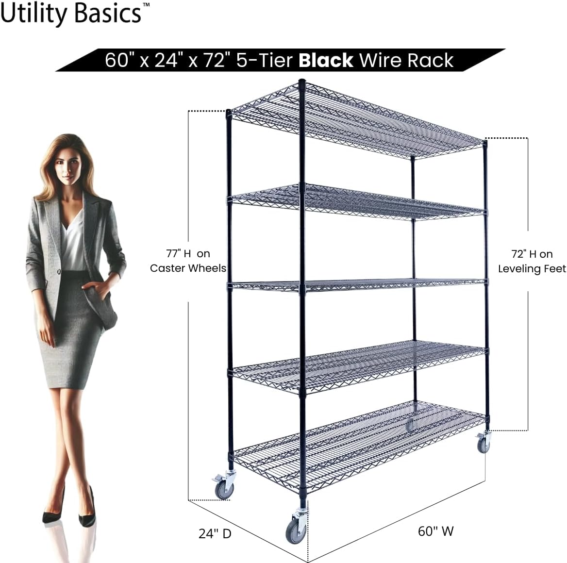 60"x24"x72" Black 5-Tier Premium Metal Wire Shelving NSF 4000 LBS MAX Capacity Heavy Duty Steel Storage Rack for Warehouse, Garage, Hospital, Commercial Space & School w/Premium Wheels - NestledHome