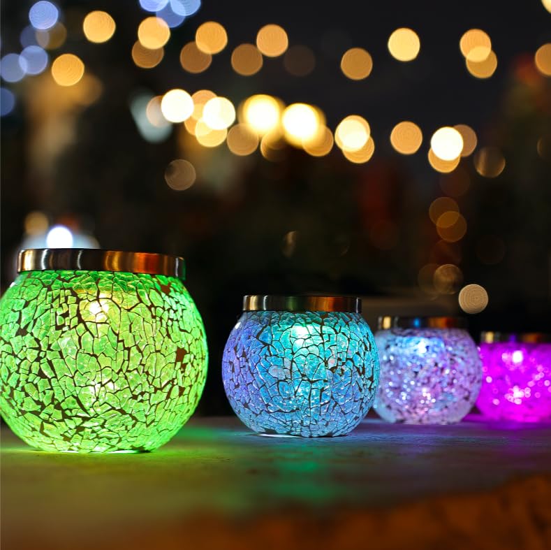 2 Pack Gift for her him Heavy Solar Mosaic Crackle Glass Lights with Dual Solar Panels (2 Count)