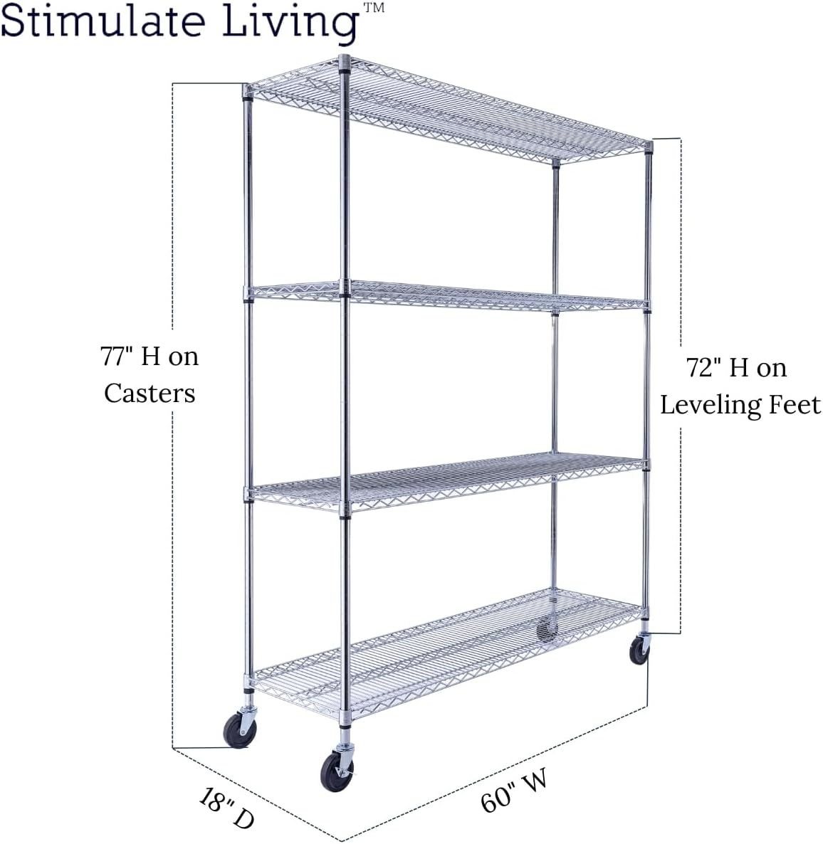 60"x18"x72" Prime Heavy Duty Chrome 4-Tier Wire Shelving NSF 3200 LBS MAX Capacity Storage Rack for Commercial, Hospital, School, Garage, and Kitchen Uses (with Wheels) - NestledHome