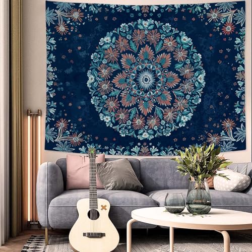 Boho Floral Mandala Tapestry Wall Hanging Blue Bohemian Flower Medallion Tapestry Aesthetic Vintage Navy Hippie Indian Small Tapestries for Bedroom Living Room Dorm Decor 40 x 30 Inch