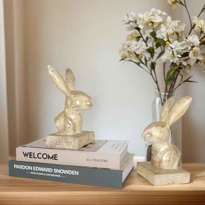 Rabbit Decorative Bookend,1 Pair Cute Bunny Book Ends, Decorative Bookends for Heavy Books, Vintage Shelf Decor,Antique Gold