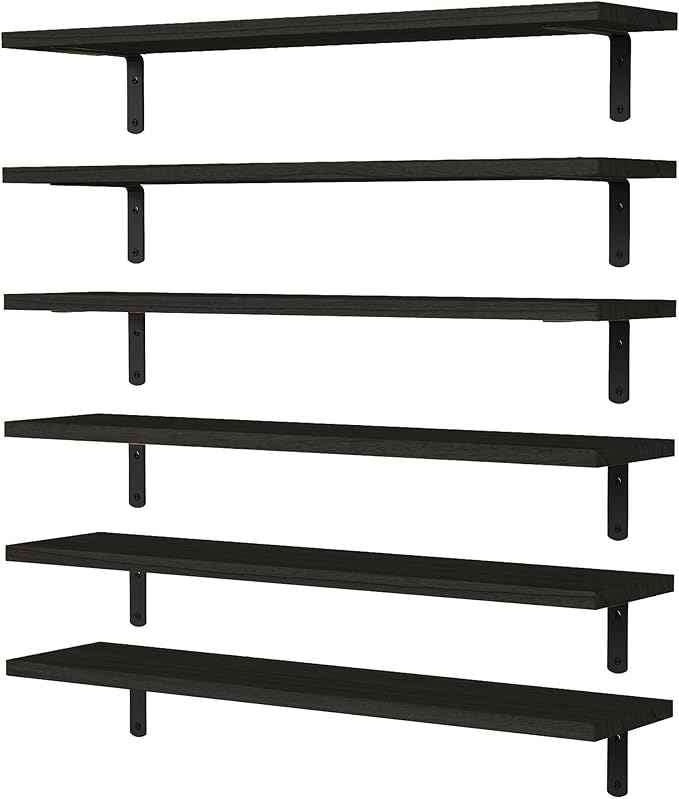WOPITUES Wood Floating Shelves Set of 6, 24 inch Long Floating Shelves for Wall Decor, Farmhouse Shelf for Bedroom, Bathroom Storage Shelves, Book Shelves for Living Room - Black