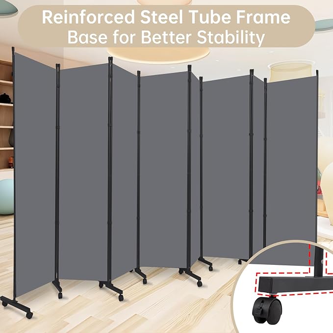 Room Divider 8 Panel Room Dividers/Wheels, Fabric Room Divider Panel for Office Room Partitions and Dividers, Portable Partition Wall Divider for Room Separation, Freestanding Privacy Screen Indoor