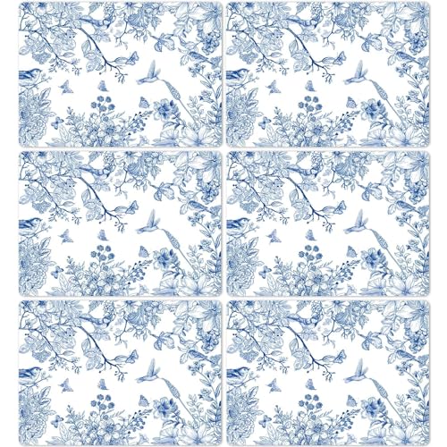 Blue Floral Placemats Set of 6 Flower Bird Plastic Table Mats Seasonal Spring Placemats Chinoiserie Place Mats Rustic Vintage Table Decoration for Indoor Outdoor Party Kitchen Dining (6 Count)