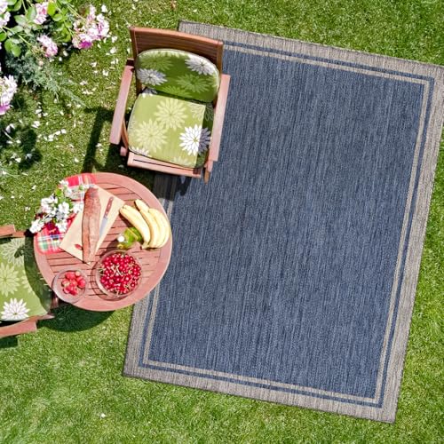 Outdoor Rug 5x7 Bordered Navy Blue Gray Modern Area Rugs for Indoor and Outdoor Patios (35 Sq Ft)