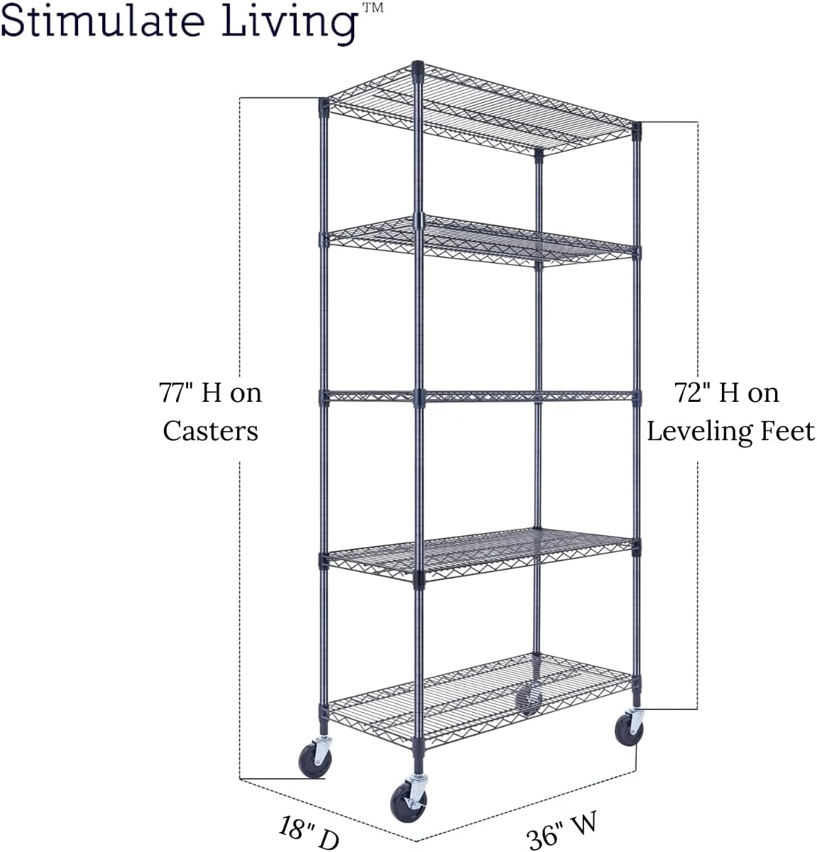 36"x18"x72" Prime Heavy Duty Black 5-Tier Wire Shelving NSF 4000 LBS MAX Capacity Storage Rack for Commercial, Hospital, School, Garage, and Kitchen Uses (with Wheels) - NestledHome