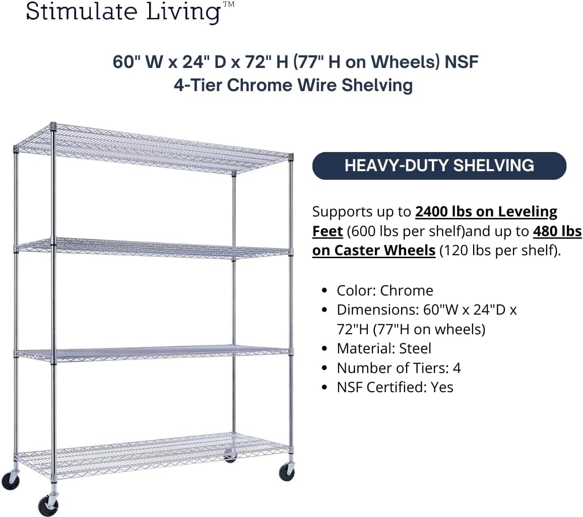 60"x24"x72" PRIME HEAVY DUTY Chrome 4-Tier Wire Shelving NSF 2400 LBS MAX Capacity Storage Rack for Commercial, School, Home, Garage, Warehouse, Industrial, and Hospital Uses (with Wheels) - NestledHome