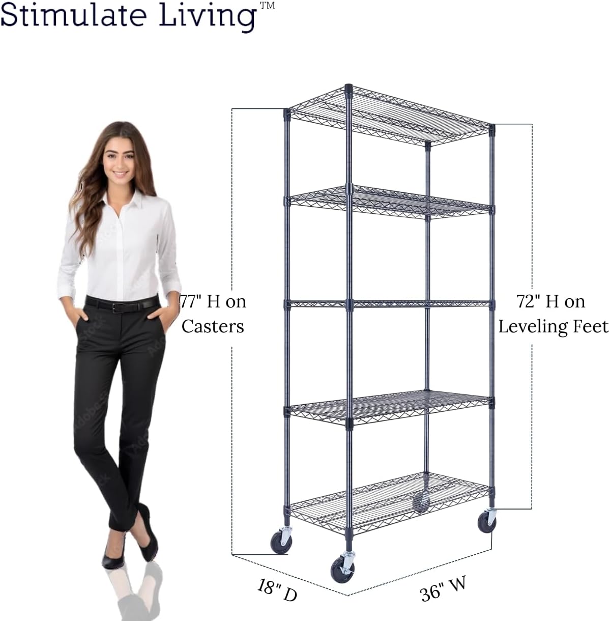 36"x18"x72" Prime Heavy Duty Black 5-Tier Wire Shelving NSF 4000 LBS MAX Capacity Storage Rack for Commercial, Hospital, School, Garage, and Kitchen Uses (with Wheels) - NestledHome