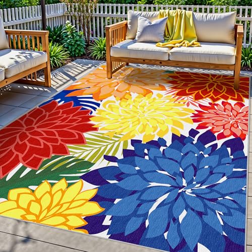 Outdoor Area Rug Washable Multicolored Patio Rug Tropical Botanical Modern Floral Outdoor Carpet Non (80 Sq Ft)