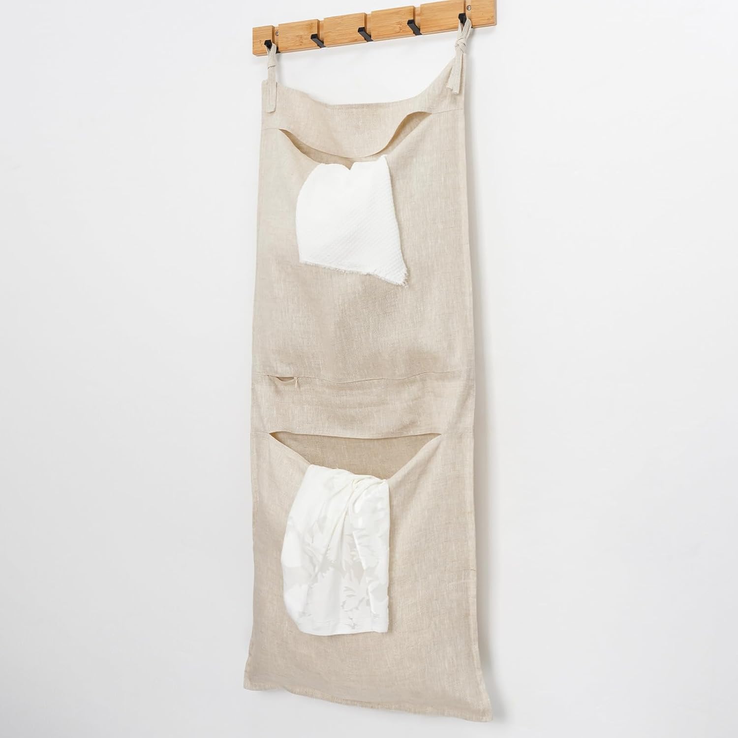 100% Linen Hanging Laundry Bag with 2 Compartments, Over the Door Laundry Hamper, Dirty Clothes Space Saving Organizer 19.7 x 47 Inches, Linen - NestledHome