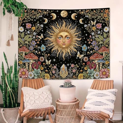 Boho Sun and Moon Tapestry Hippie Mushroom Floral Wall Tapestry for Bedroom Aesthetic Moon Phase Vintage Plant Celestial Small Tapestries Wall Hanging for Living Room Dorm 48 x 36 Inch