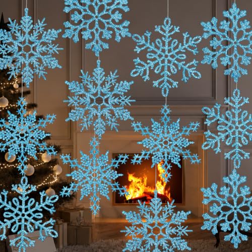 12pcs Large Snowflakes Ornaments Blue 12” Big Plastic Glitter Snowflake for Winter Indoor Outdoor Christmas Tree Window Room Decorations Giant Craft Snowflakes (12 Count)