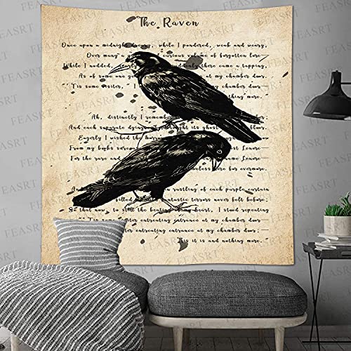 Raven Tapestry Gothic Skull and Raven Dictionary Tapestry Rustic Room Mural Posters 51x60 Inches for Living Room Bedroom Home Dorm