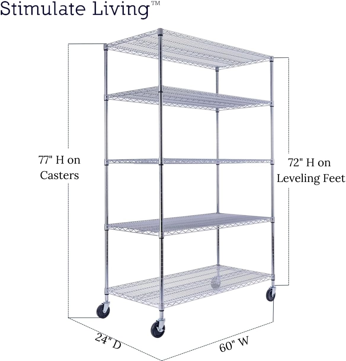 48"x24"x72" Prime Heavy Duty Chrome 5-Tier Steel Wire Shelving NSF 4000 LBS MAX Capacity Storage Rack for Commercial, School, Home, Garage, Warehouse, Industrial, and Hospital Uses (with Wheels) - NestledHome