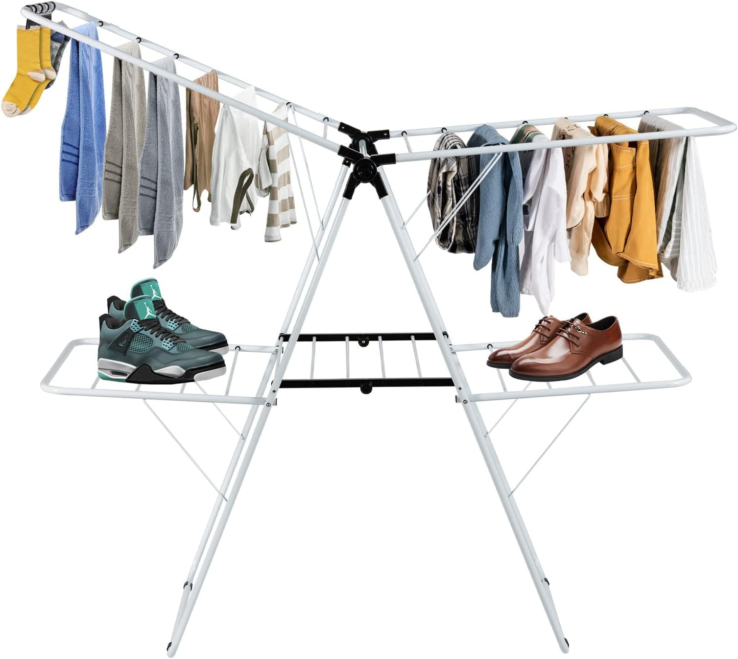 COSTWAY Clothes Drying Rack, Foldable 2-Level Laundry Drying Rack w/Height-Adjustable Wings, 33 Drying Rails & Sock Clips, Standing Large Drying Rack for Clothing, Indoor Outdoor Use - NestledHome