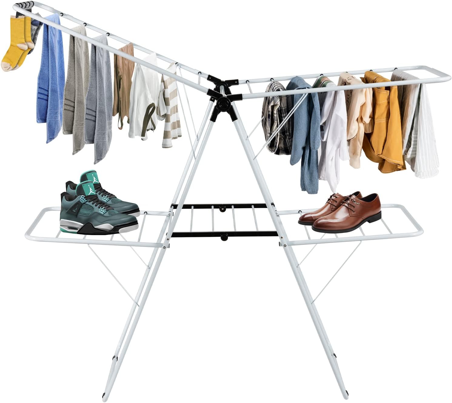 COSTWAY Clothes Drying Rack, Foldable 2-Level Laundry Drying Rack w/Height-Adjustable Wings, 33 Drying Rails & Sock Clips, Standing Large Drying Rack for Clothing, Indoor Outdoor Use - NestledHome