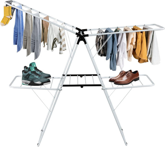 COSTWAY Clothes Drying Rack, Foldable 2-Level Laundry Drying Rack w/Height-Adjustable Wings, 33 Drying Rails & Sock Clips, Standing Large Drying Rack for Clothing, Indoor Outdoor Use - NestledHome