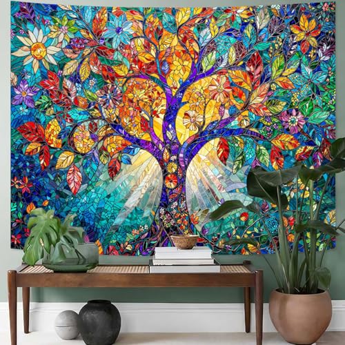 Tree of Life Tapestry Stained Glass Tapestry Wall Decor Tapestries for Bedroom Art Tapestries Wall Hanging for Bedroom Living Room Glass