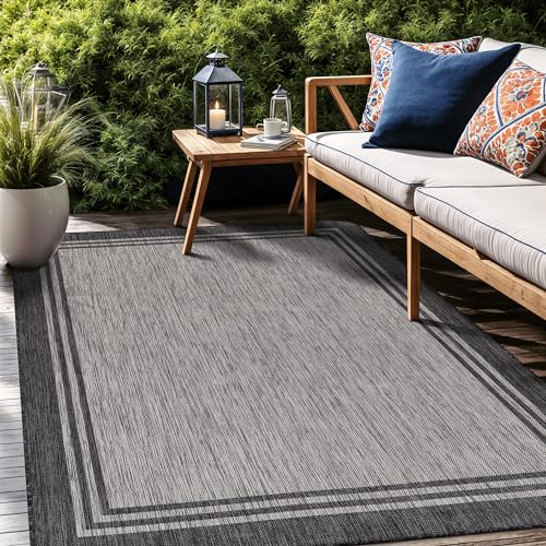 Bordered Outdoor Rug 6x9 Washable Outside Carpet for Indoor Patio Porch Waterproof Easy Cleaning Non Shedding Area Rugs Dark Gray 6 x 9