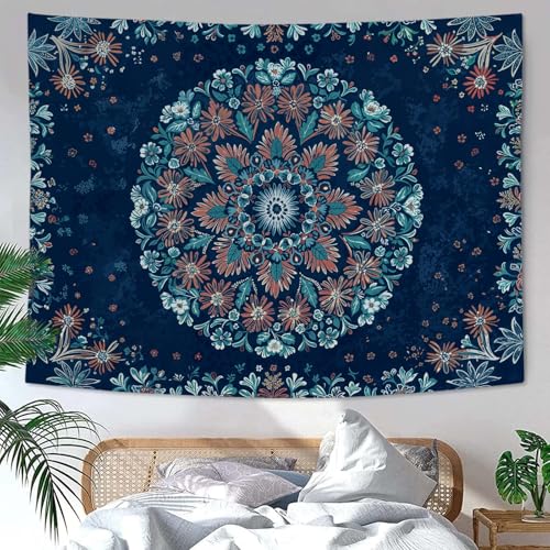 Boho Floral Mandala Tapestry Wall Hanging Blue Bohemian Flower Medallion Tapestry Aesthetic Vintage Navy Hippie Indian Small Tapestries for Bedroom Living Room Dorm Decor 40 x 30 Inch
