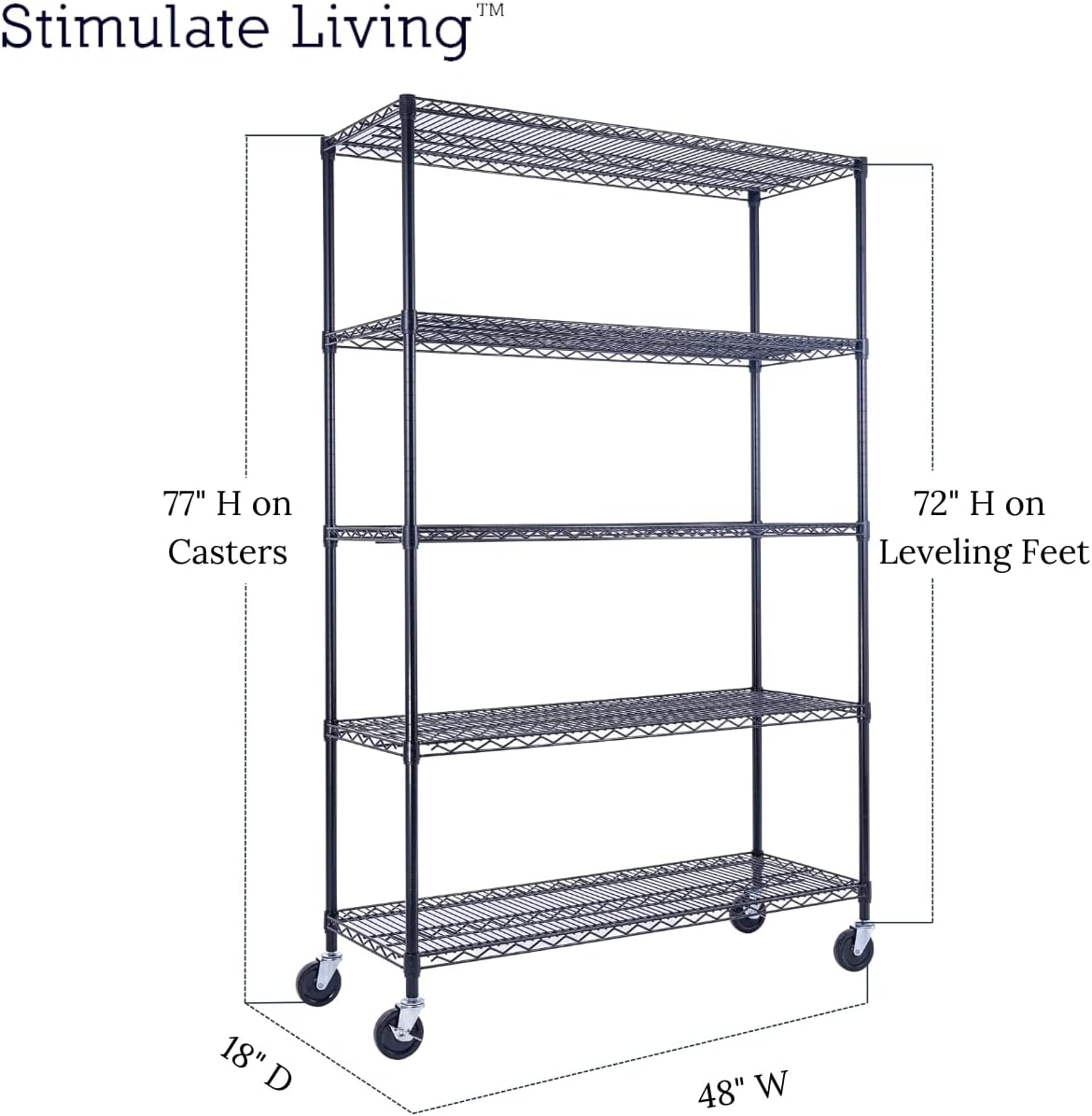 48"x18"x72" PRIME HEAVY DUTY Black 5-Tier Wire Shelving NSF 4000 LBS MAX Capacity Storage Rack for Commercial, School, Home, Garage, Warehouse, Industrial, and Hospital Uses (with Wheels) - NestledHome