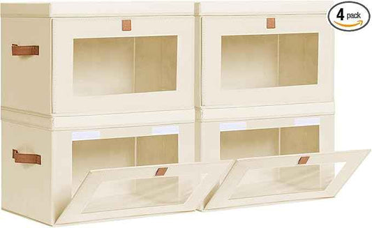 Collapsible Storage Bins - Large Closet Organizer with Handles & Window, Decorative Storage Boxes, Fabric Containers for Living Room, Dorm, 4 Pack, Beige