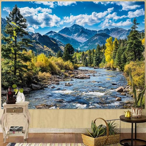 Nature Forest Mountain Tapestry Green Pine Tree Tapestry for Bedroom Aesthetic White Clouds Flowing River Landscape Classroom Tapestries Wall Hanging for Living Room Dorm Office