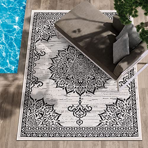 Outdoor Rug 8x10 Medallion White Black Modern Area Rugs for Indoor and Outdoor Patios